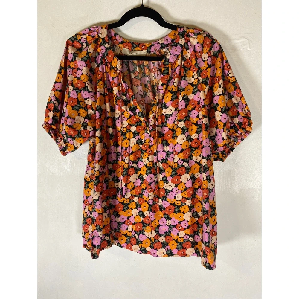 LOFT Floral Peasant Blouse Small Puff Sleeve Tie Neck Boho Cottagecore Top S